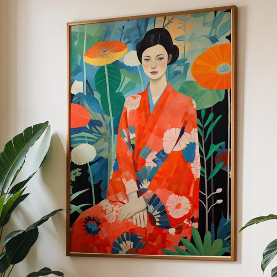 Japanese Botanical Poster Kimono Woman In Modern Garden Art Print Illustration Elegant Drawing File