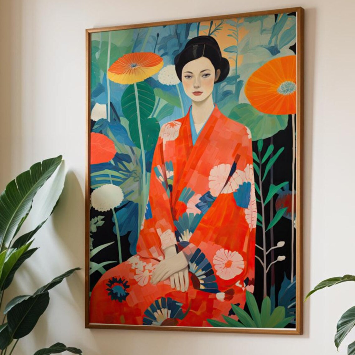 Woman Red Kimono Modern Garden Flowers Japanese Elegant Art Poster