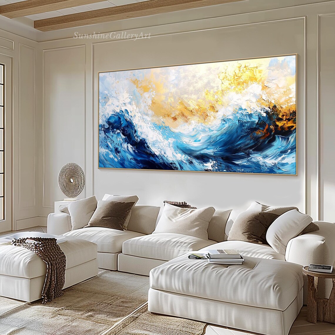 Dramatic Ocean Waves Oil Painting Deep Blue Sea Golden Clouds Panoramic Wall Poster - Image 3