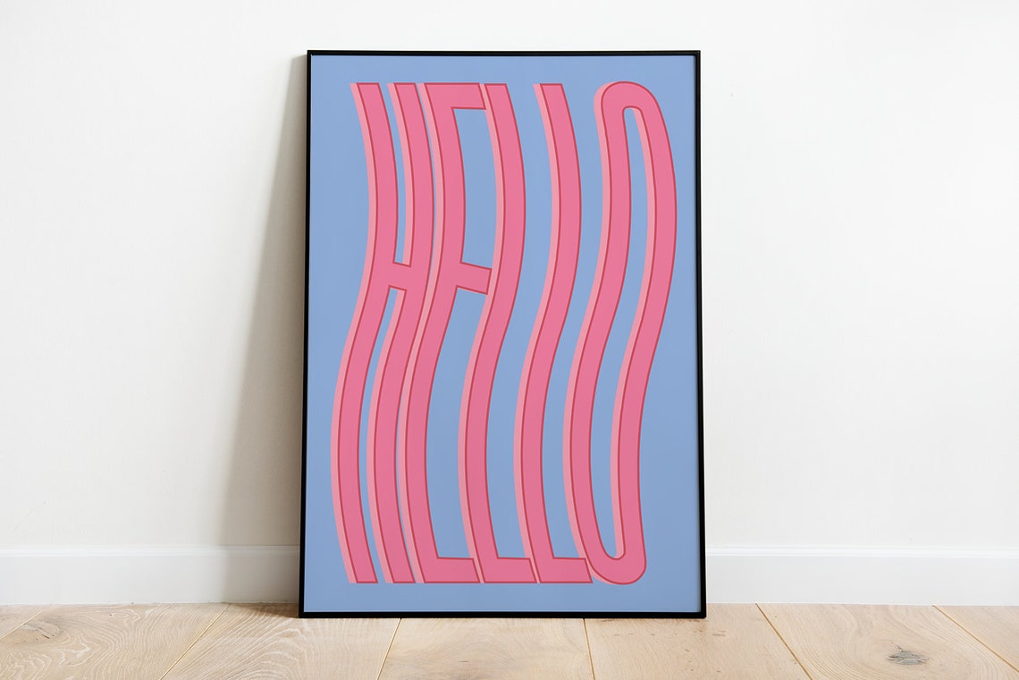 Hello Wavy Typography Pink On Blue Danish Pastel Word Art Print