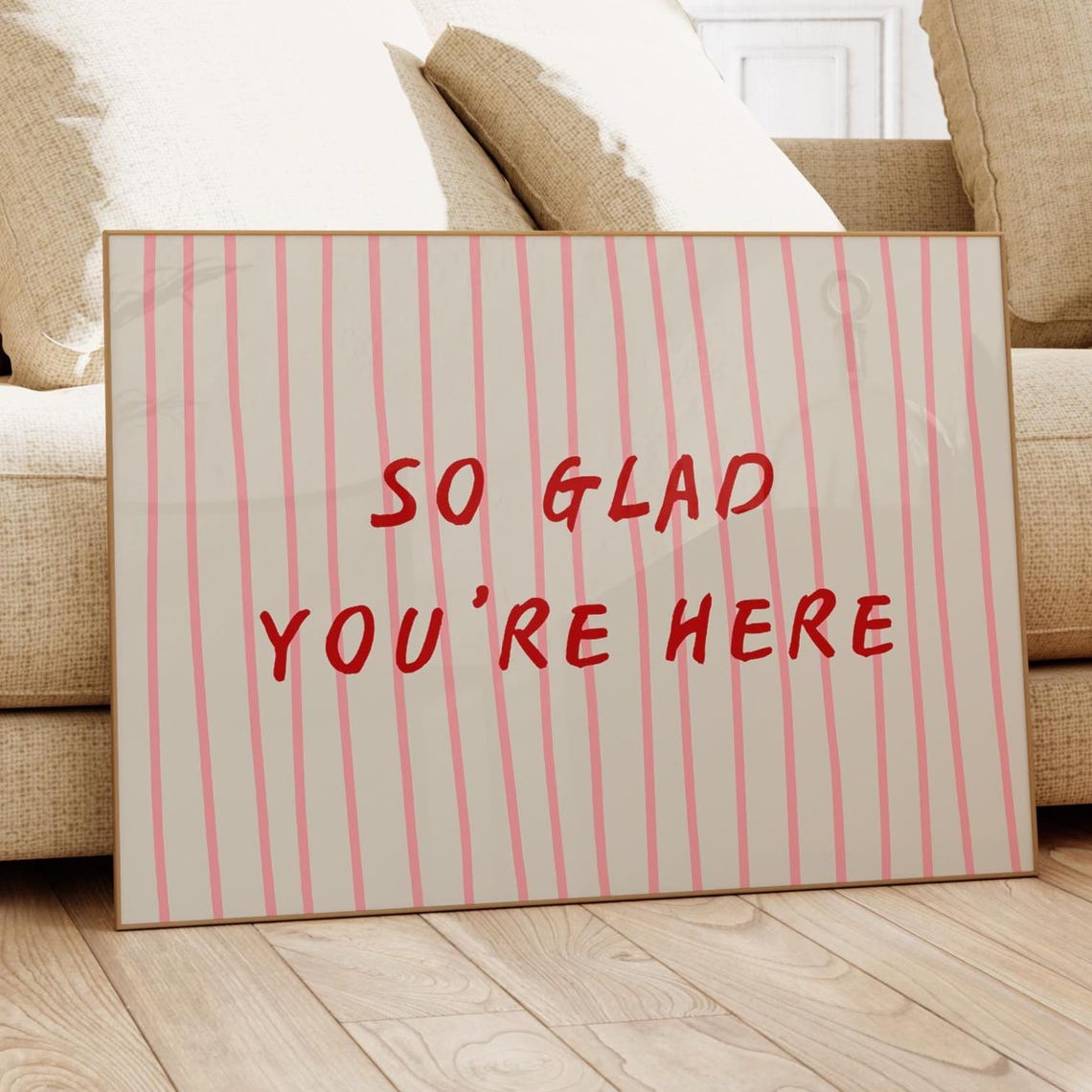 So Glad You Are Here Red Script Pink Striped Charming Welcome Poster