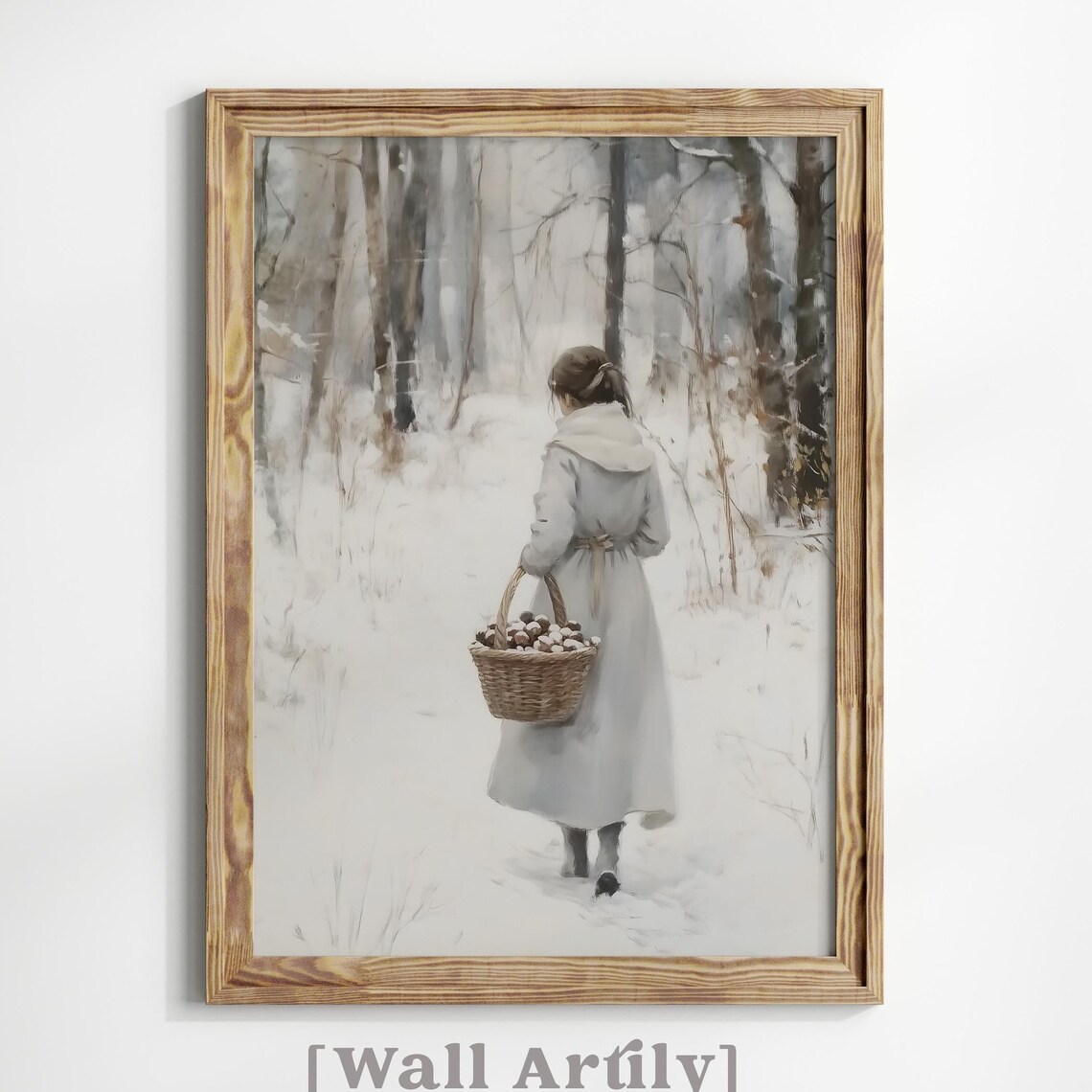 Woman Carrying Basket Of Pinecones Snowy Forest Vintage Art Poster