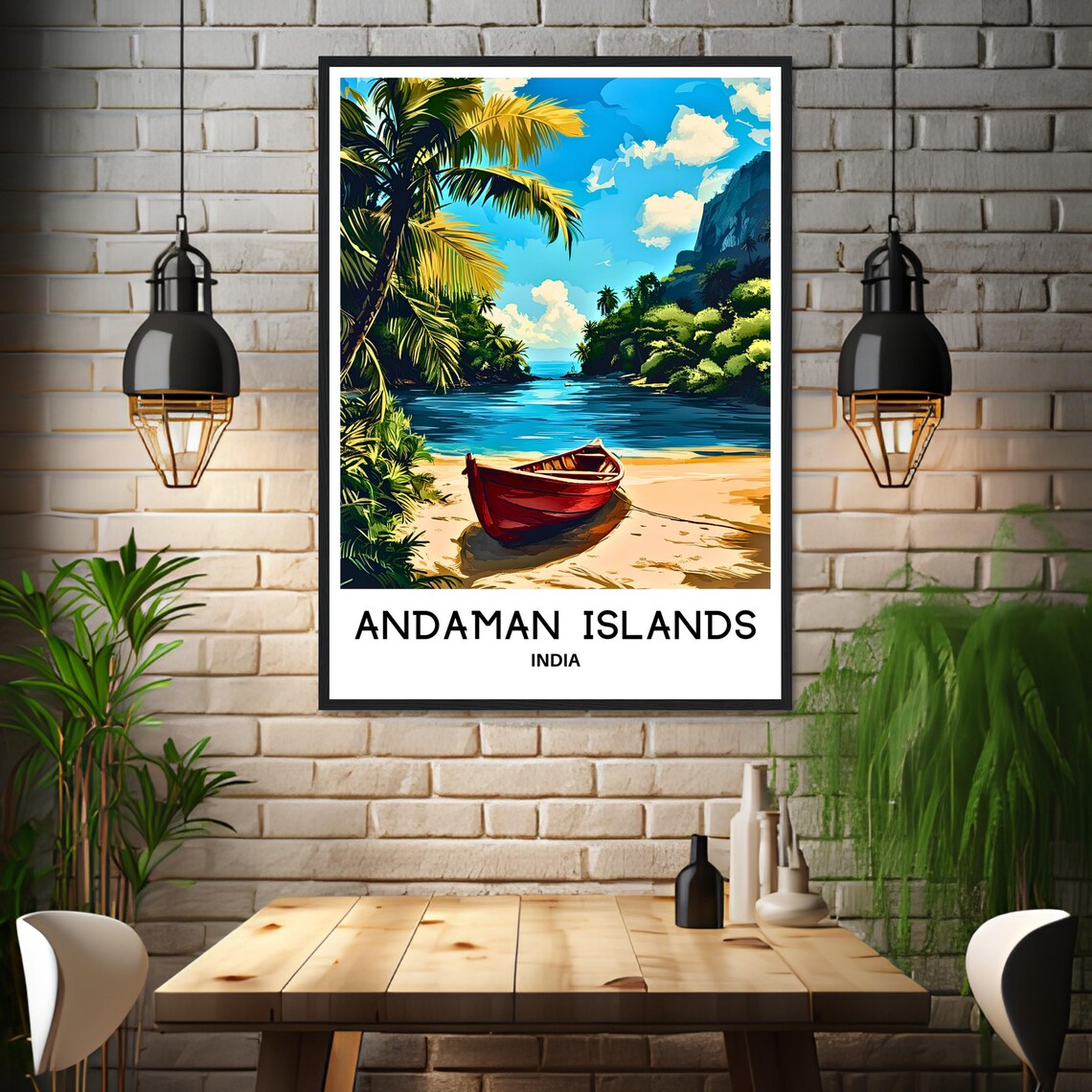 Andaman Islands India Tropical Beach Boat Illustrated Travel Poster - Image 3