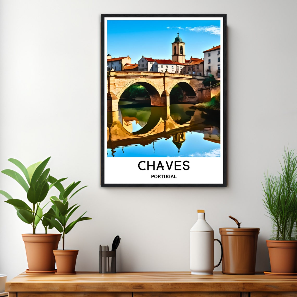 Vintage Chaves Portugal Old Stone Bridge River Town Travel Poster - Image 3