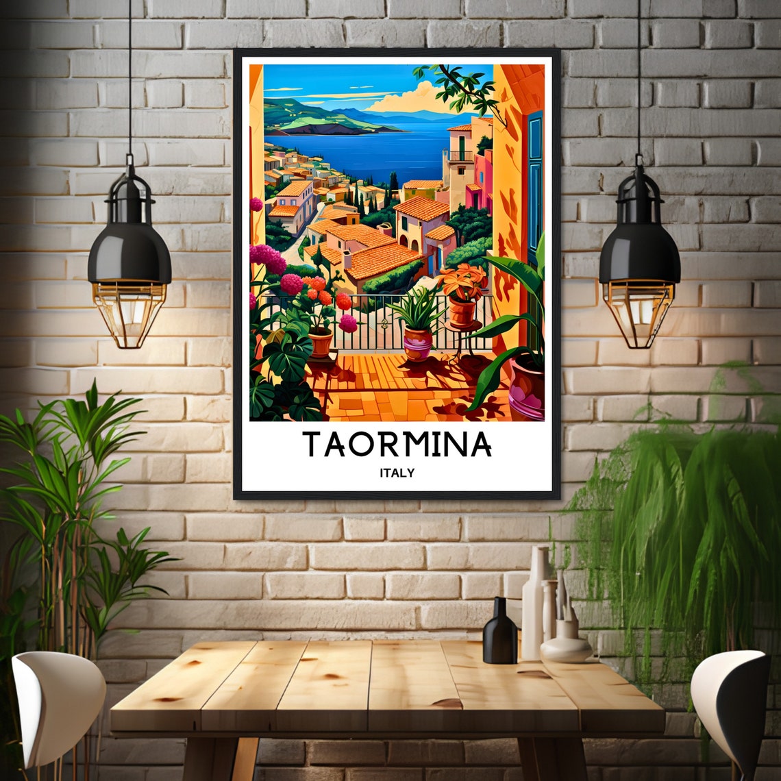 Taormina Sunlit Terrace Rooftops Bay View Italy Travel Poster - Image 3