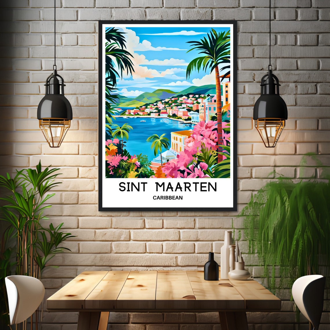 Sint Maarten Caribbean Bay Town with Palm Trees Travel Poster - Image 3