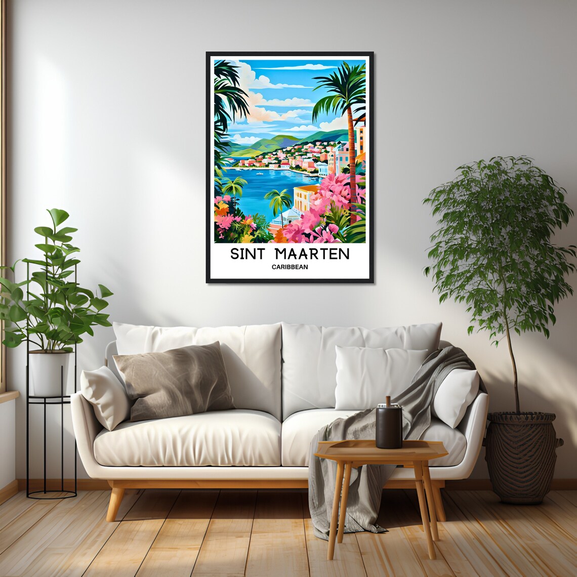 Sint Maarten Caribbean Bay Town with Palm Trees Travel Poster - Image 2