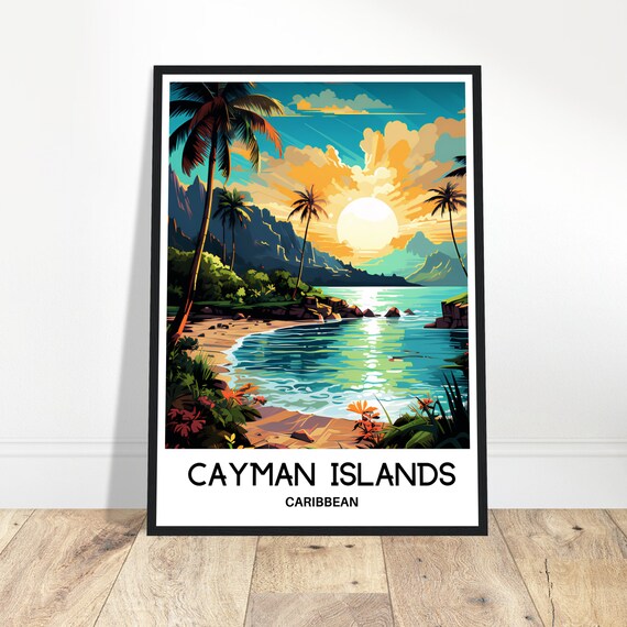 Cayman Islands Caribbean Beach Sunset Palm Coast Travel Poster