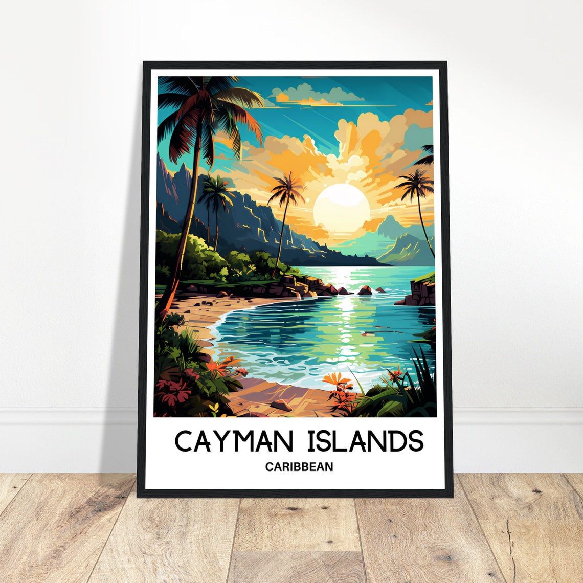 Cayman Islands Caribbean Beach Sunset Palm Coast Travel Poster