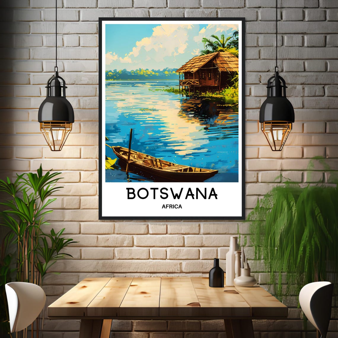 Botswana Africa Stilt Hut Canoe River Sunset Delta Scene Poster - Image 3