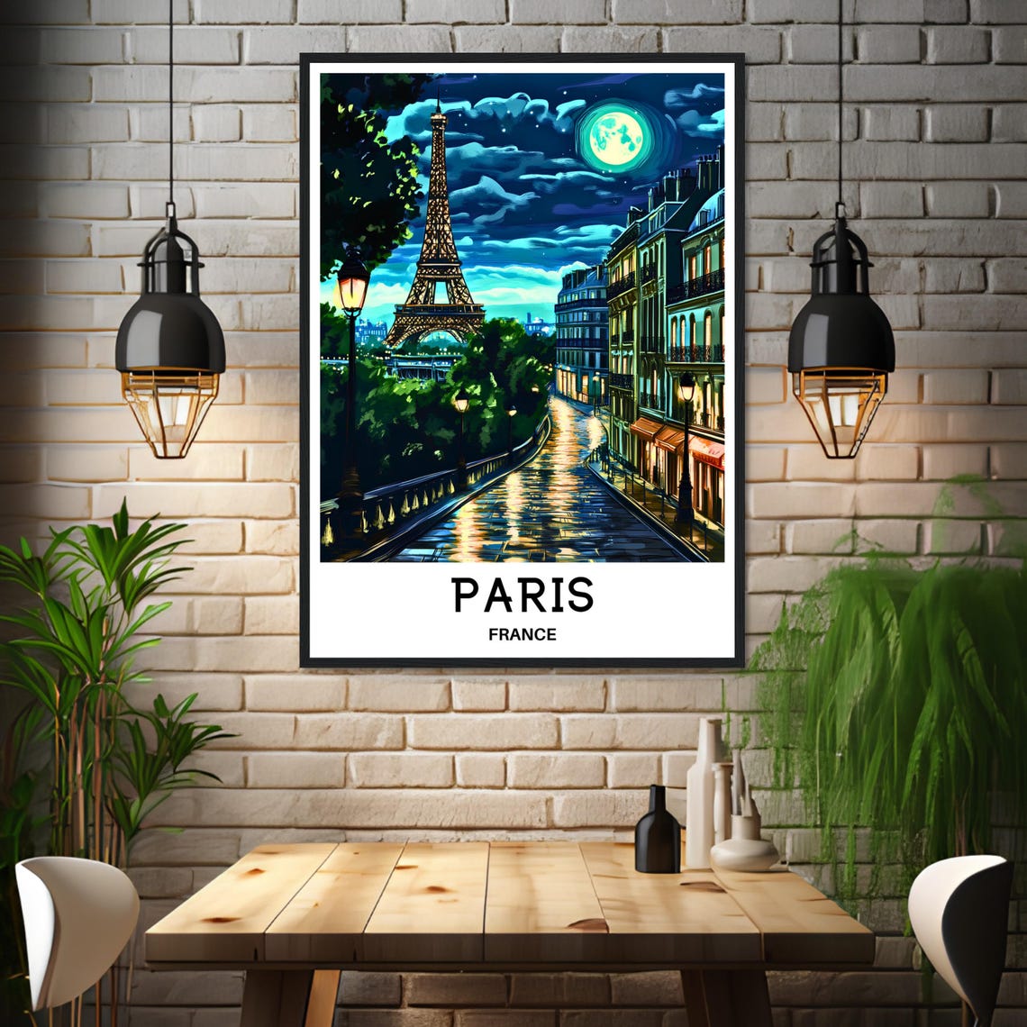 Paris Eiffel Tower at Night Under a Bright Full Moon Travel Poster - Image 3