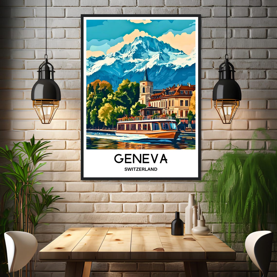 Geneva Switzerland Lake Boat Snowy Alpine Mountain Travel Poster - Image 3