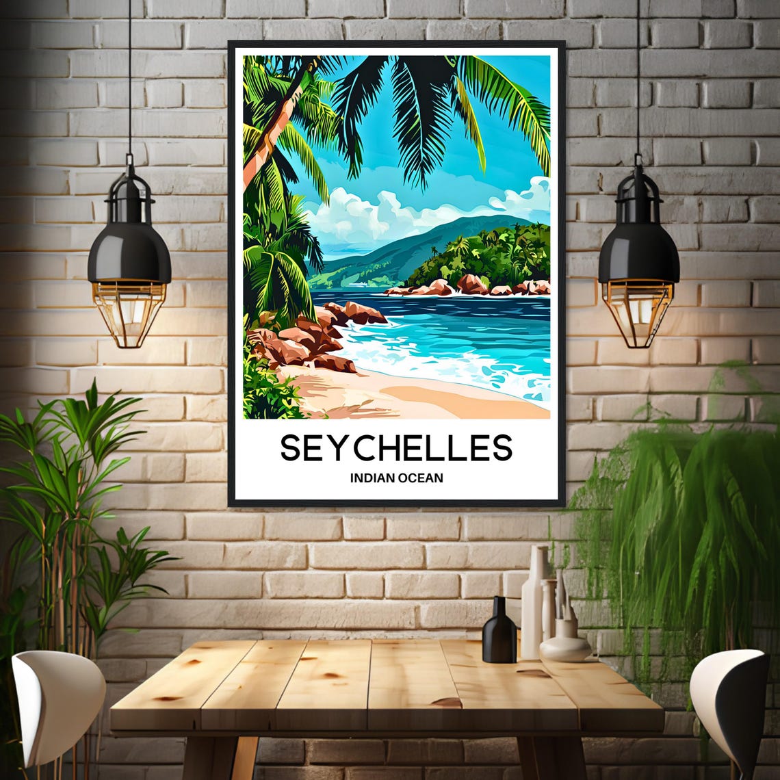Seychelles Indian Ocean Palm Beach Tropical Vintage Travel Poster - Image 3
