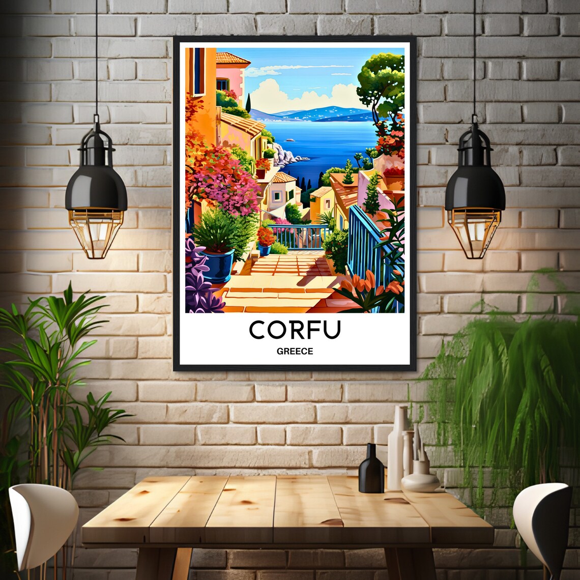 Corfu Greece Colorful Village Stairs by the Seaside Travel Poster - Image 3
