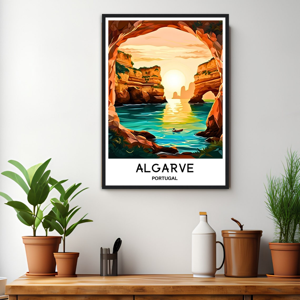 Algarve Portugal Sea Arch At Sunset With Boat Scenic Art Poster - Image 3
