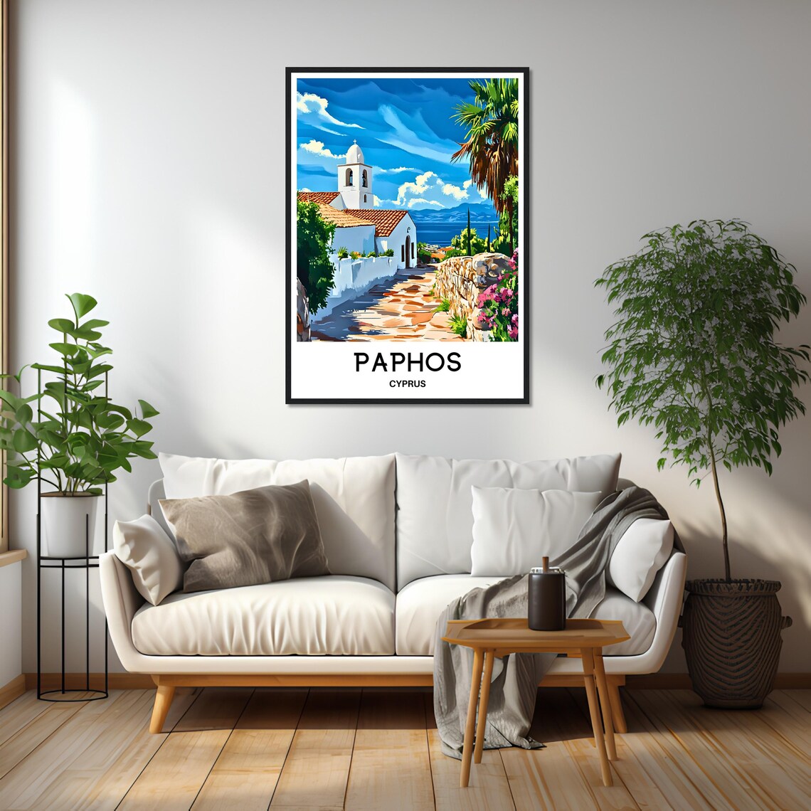 Paphos Cyprus White Church Seacoast Path Bougainvillea Poster - Image 2