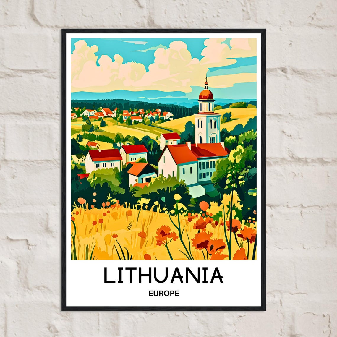 Lithuania Europe Countryside Village Church Poppy Fields Travel Poster - Image 2
