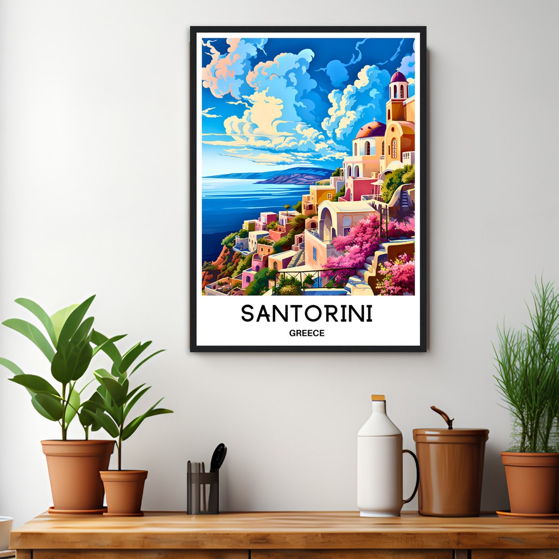 Santorini Greece Pastel Village Bougainvillea Caldera View Poster - Image 2