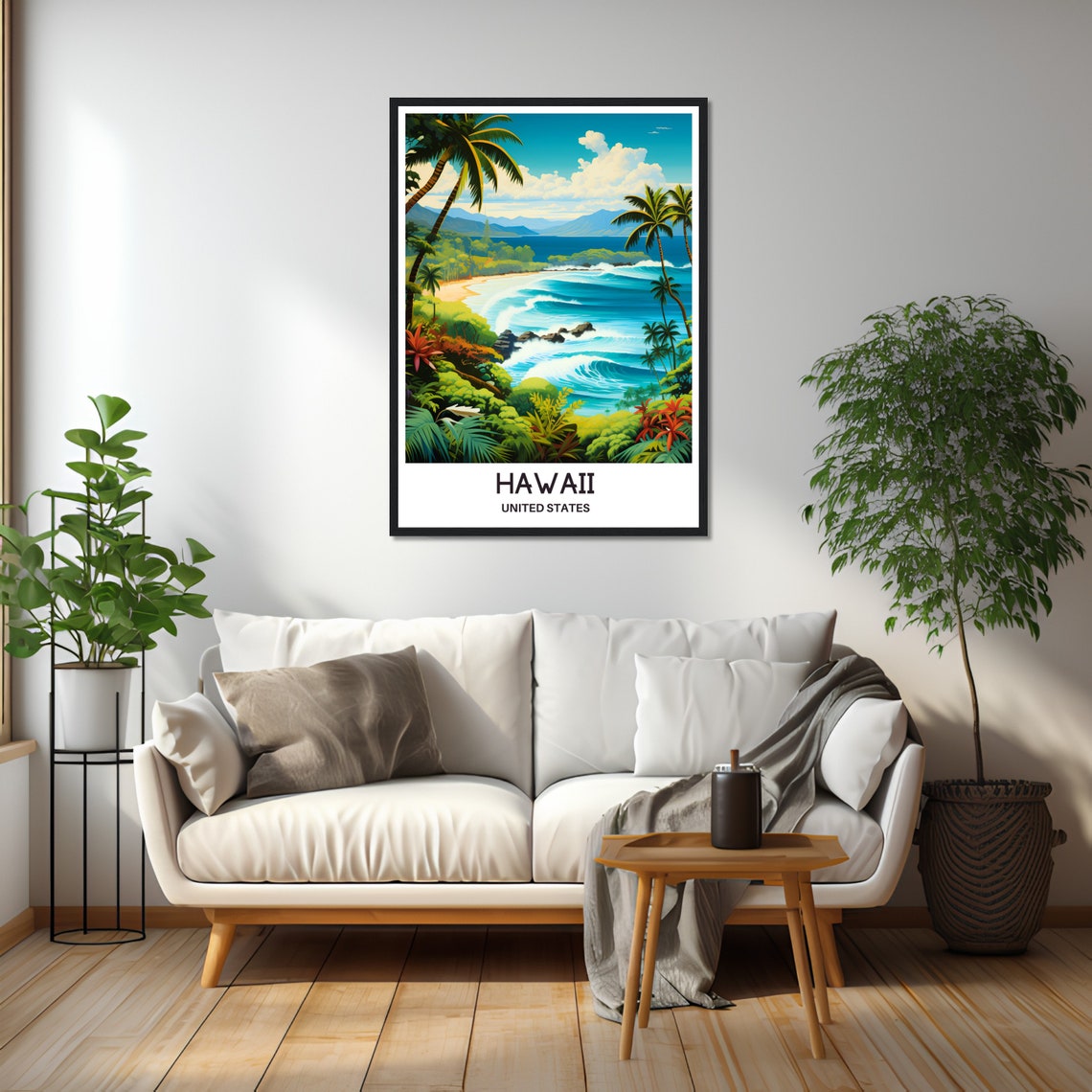 Hawaii Surf Beach Palm Trees Curling Ocean Waves Travel Poster - Image 2