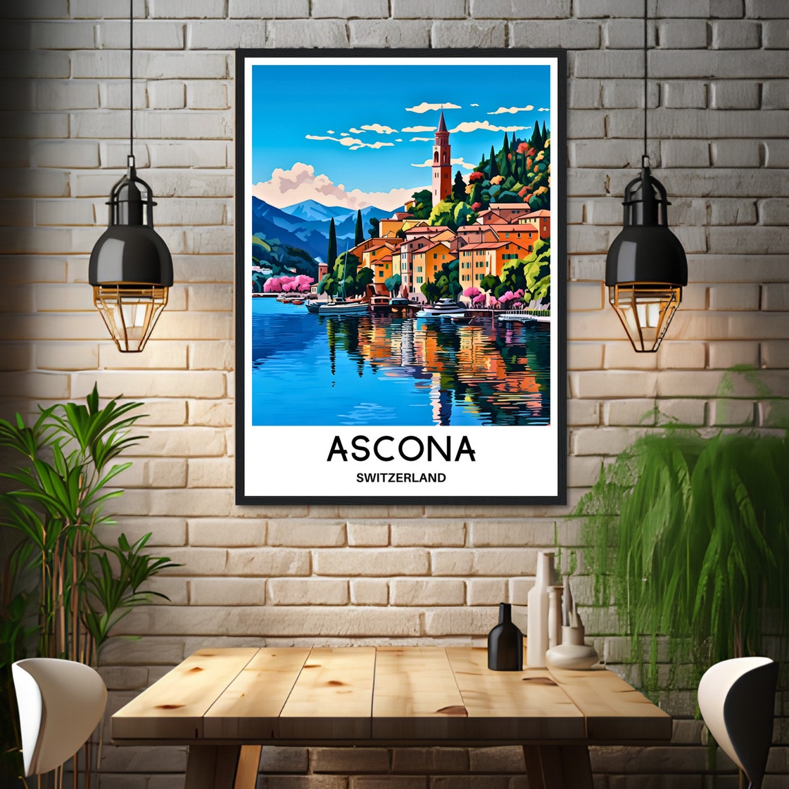 Ascona Lake Maggiore Bell Tower Pastel Shore Reflections Poster - Image 3