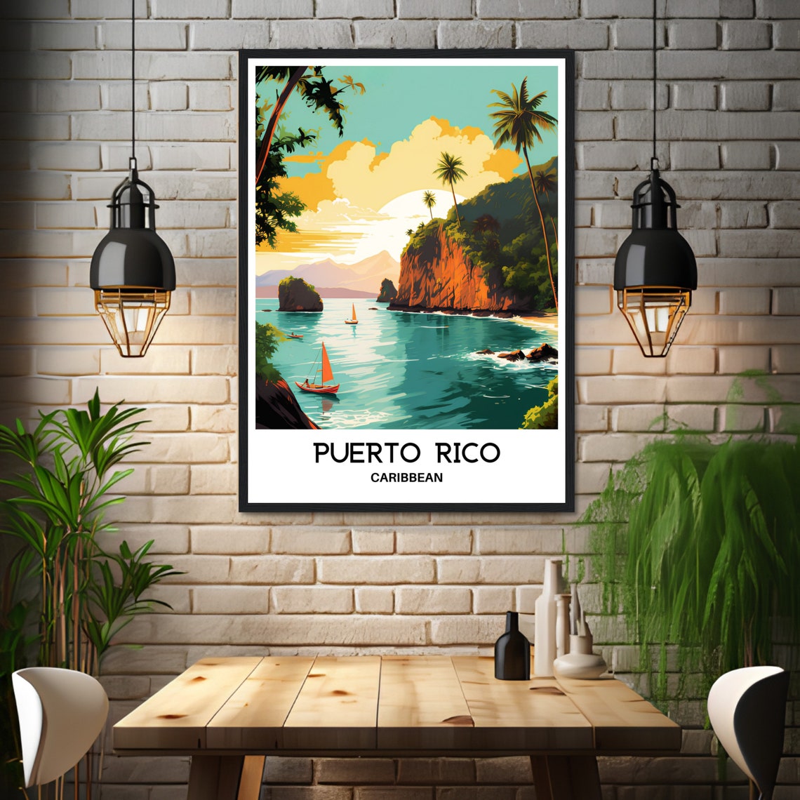 Puerto Rico Caribbean Sailboats Cliff Coastline Sunset Travel Poster - Image 3