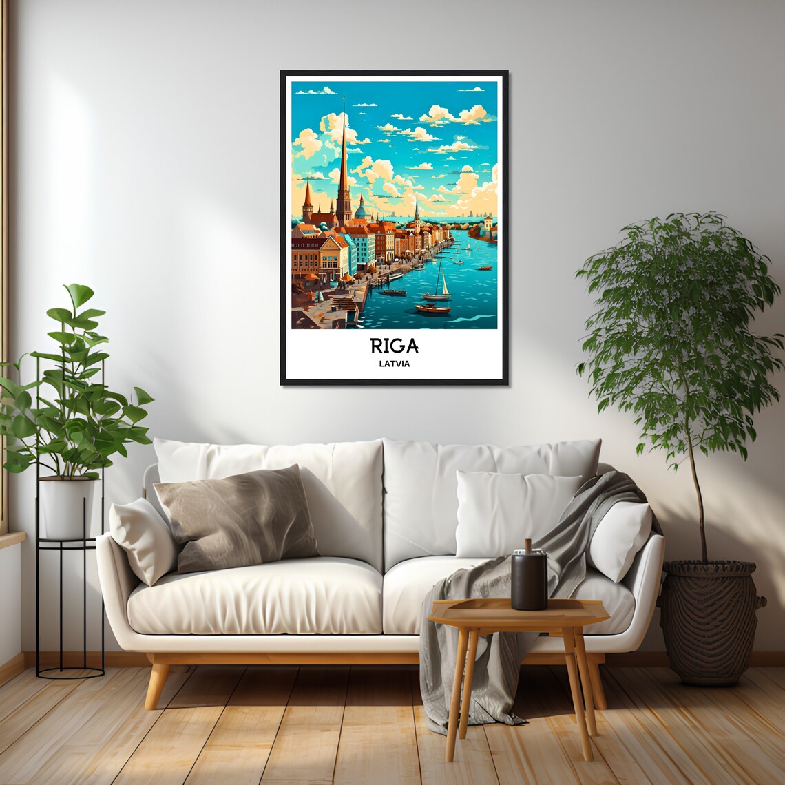 Riga Latvia Old Town Church Spires River Boats Daytime City Poster - Image 2