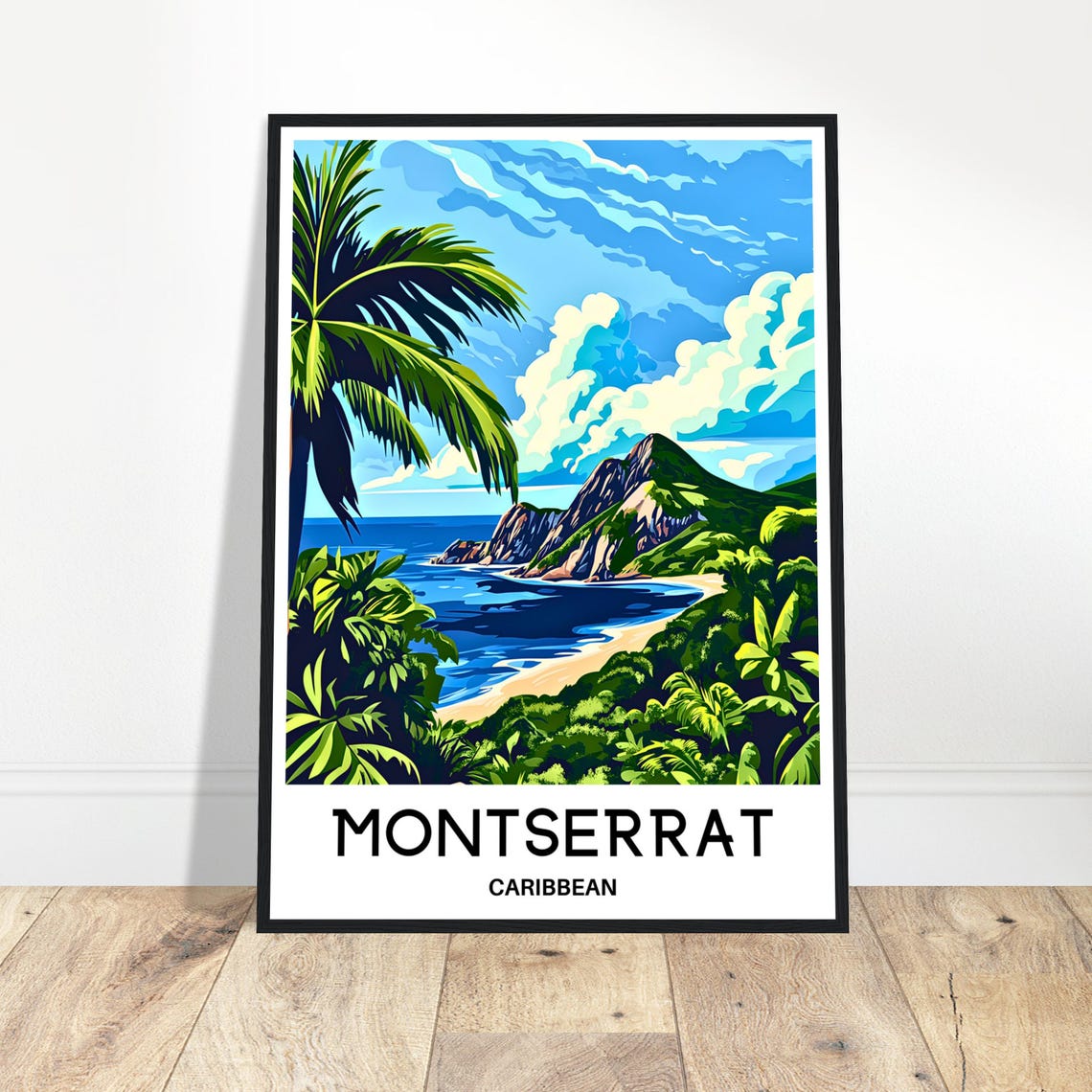 Tropical Montserrat Caribbean Palm Beach Mountain Bay Travel Poster