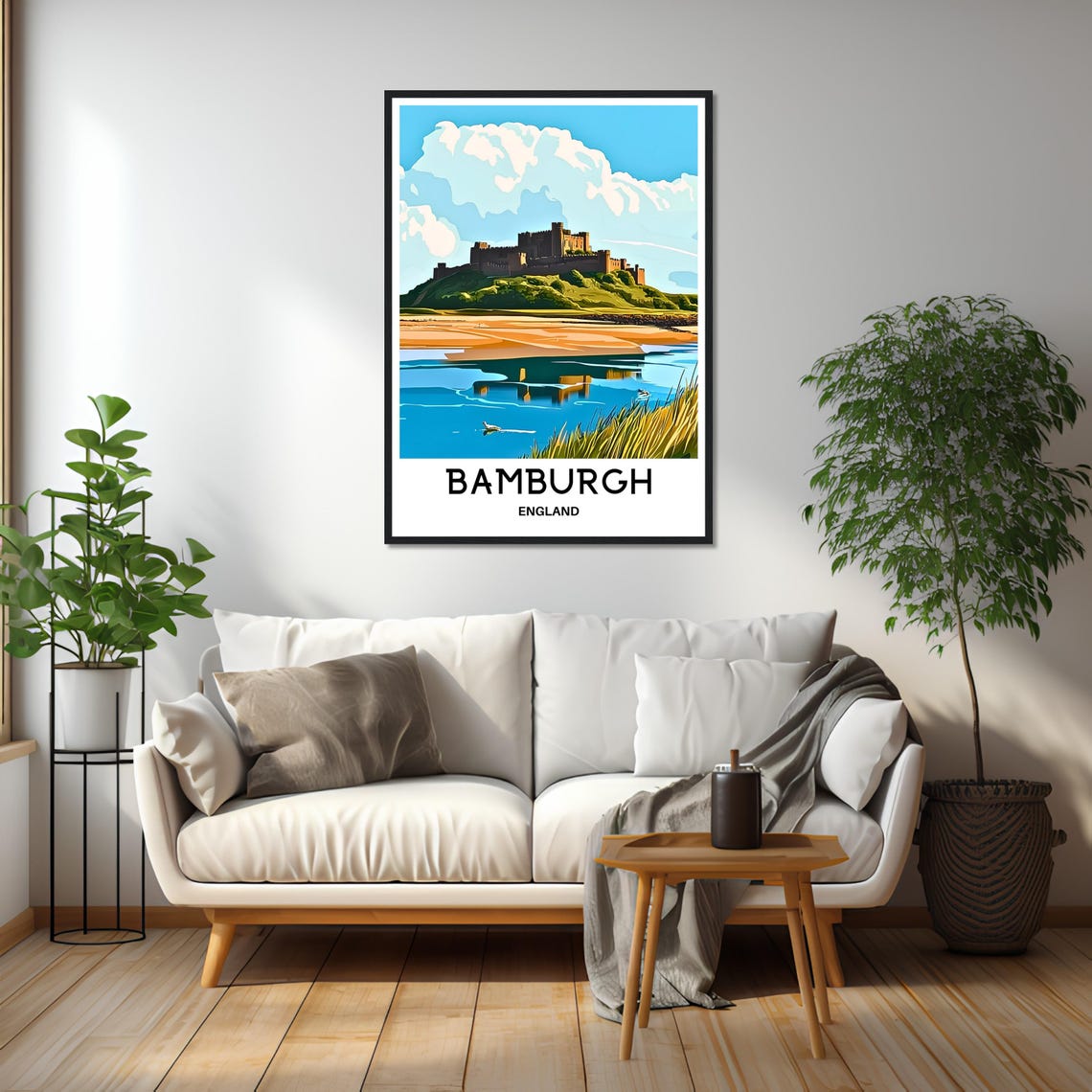 Bamburgh England Castle on Hilltop Beach Coast View Travel Poster - Image 2