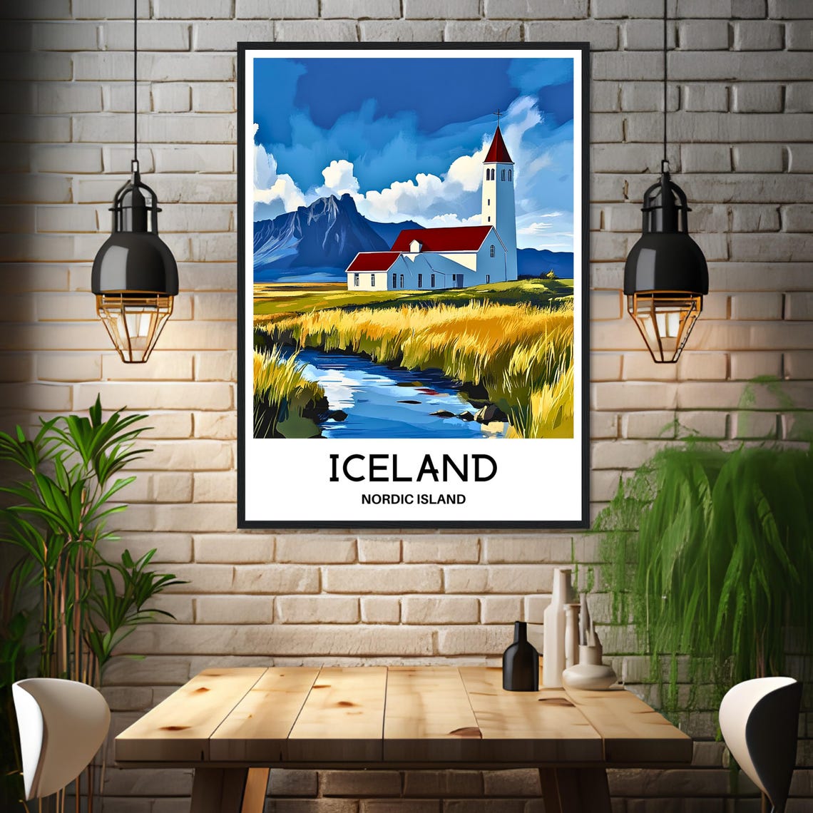 Iceland Nordic Island White Church Mountain Stream Scenic Poster - Image 3