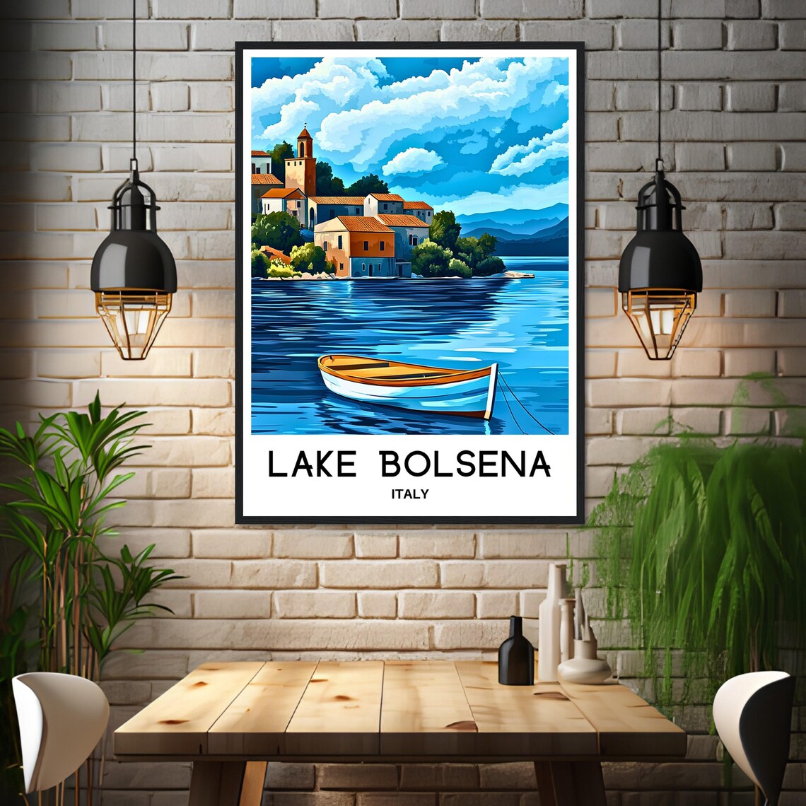 Lake Bolsena Italy Lakeside Village With Rowboat on Water Poster - Image 3