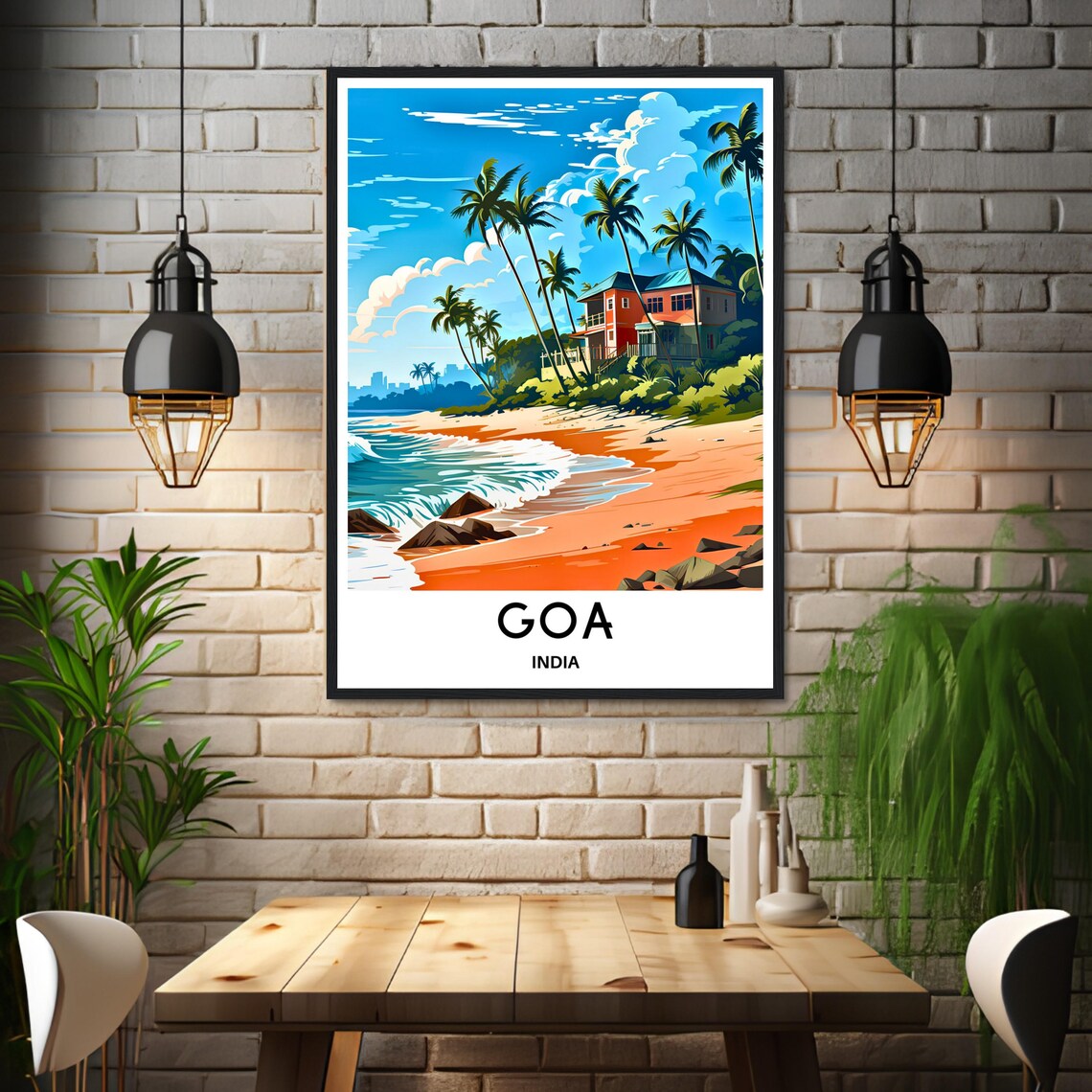 Goa India Tropical Palm Beach With Coral Villa Sunset Poster - Image 3