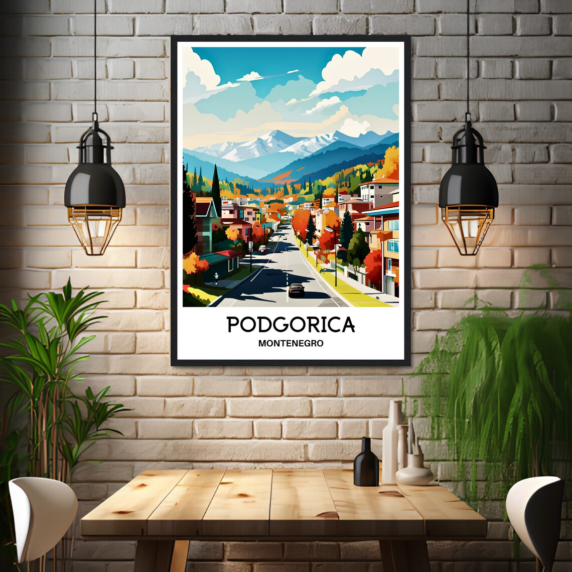 Podgorica Montenegro Autumn City Street with Mountain Views Poster - Image 3