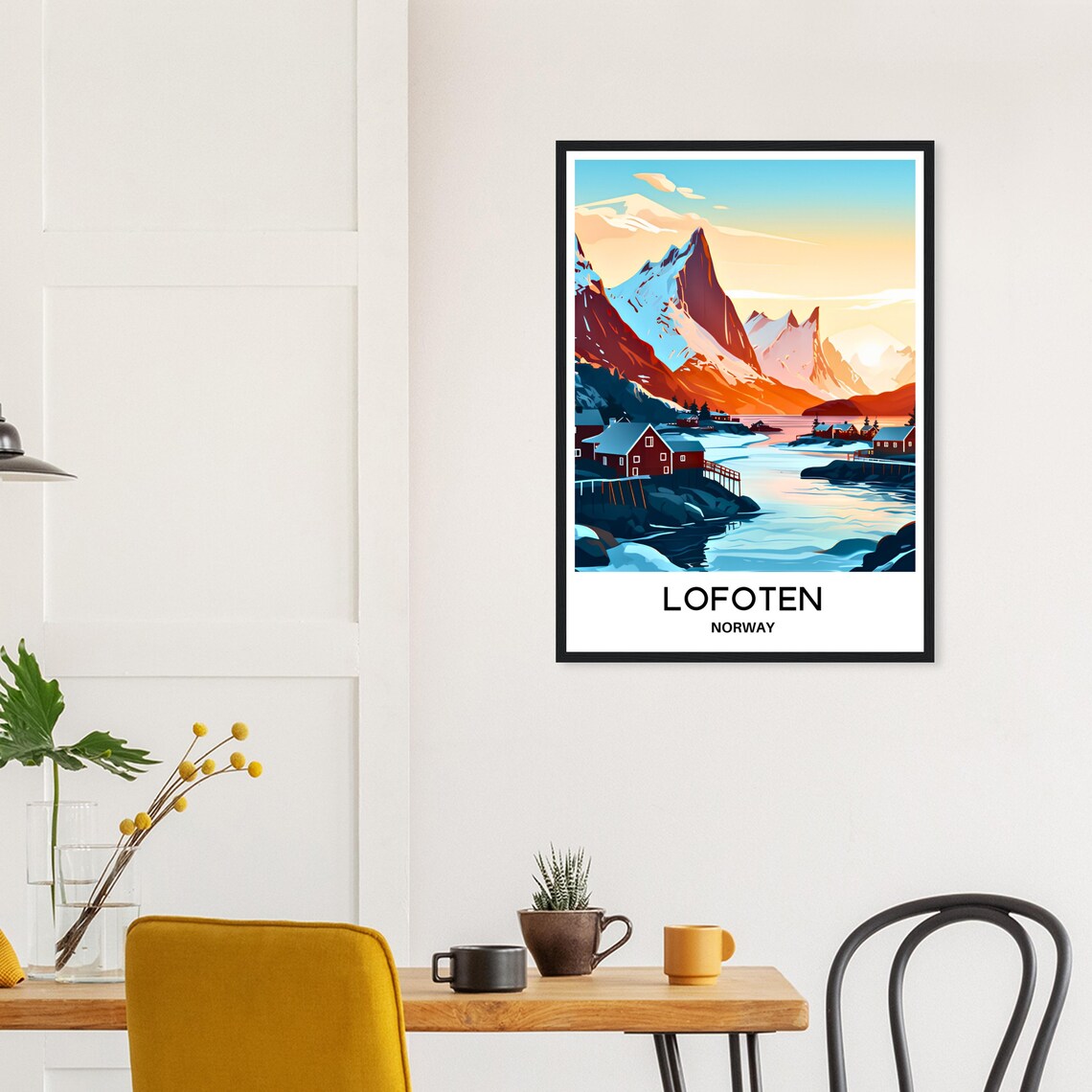 Lofoten Norway Snowy Peaks Red Harbor Cabins at Sunrise Poster - Image 3