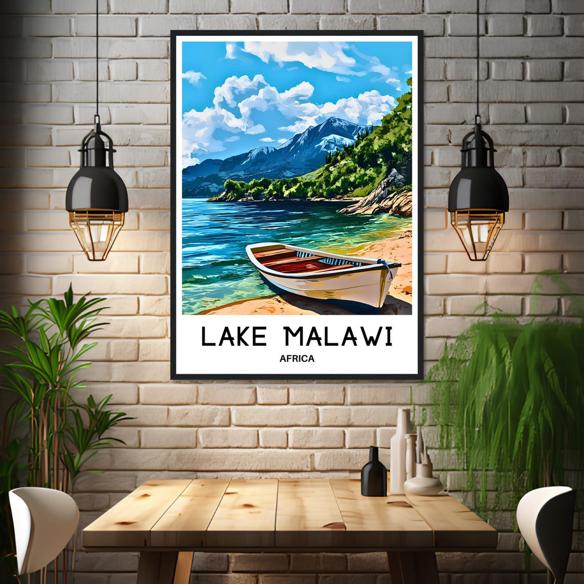 Lake Malawi Africa Beach Poster with Wooden Boat and Mountains - Image 3