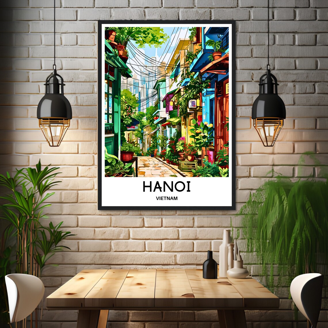 Hanoi Vietnam Colorful Plant-Filled Alley Street Scene Poster - Image 3