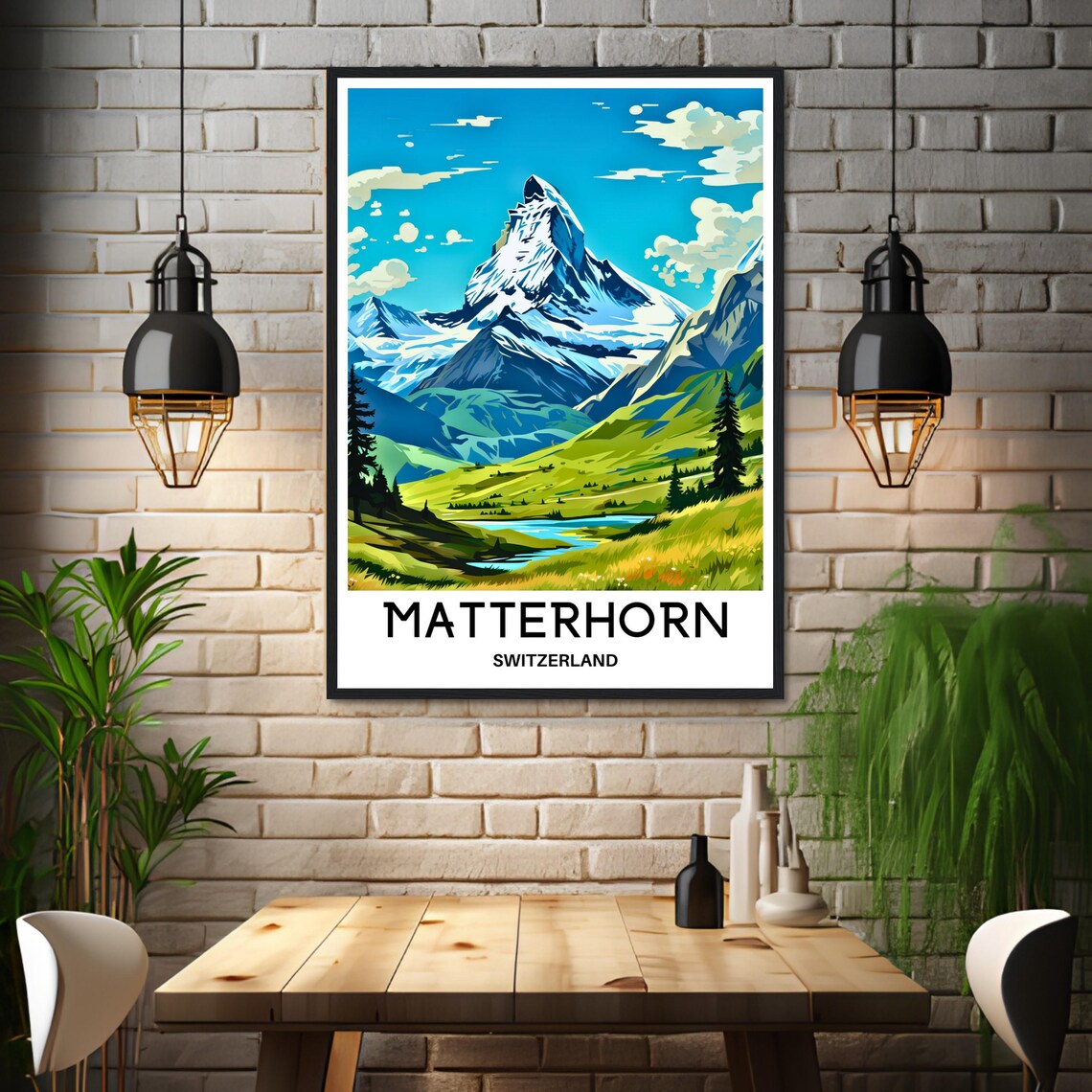 Matterhorn Snowy Peak Alpine Valley Switzerland Travel Poster - Image 3