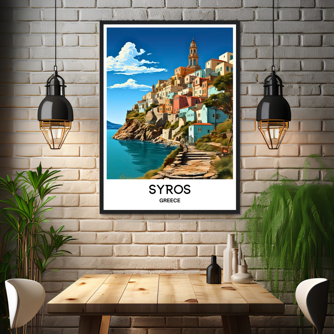 Syros Greece Colorful Hillside Old Town and Bell Tower Travel Poster - Image 3