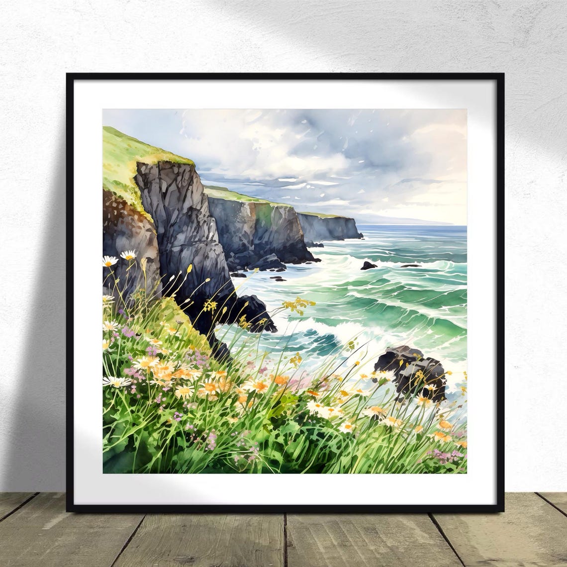 Sea Cliffs Wildflower Meadow Ocean Waves Watercolor Art Poster - Image 4