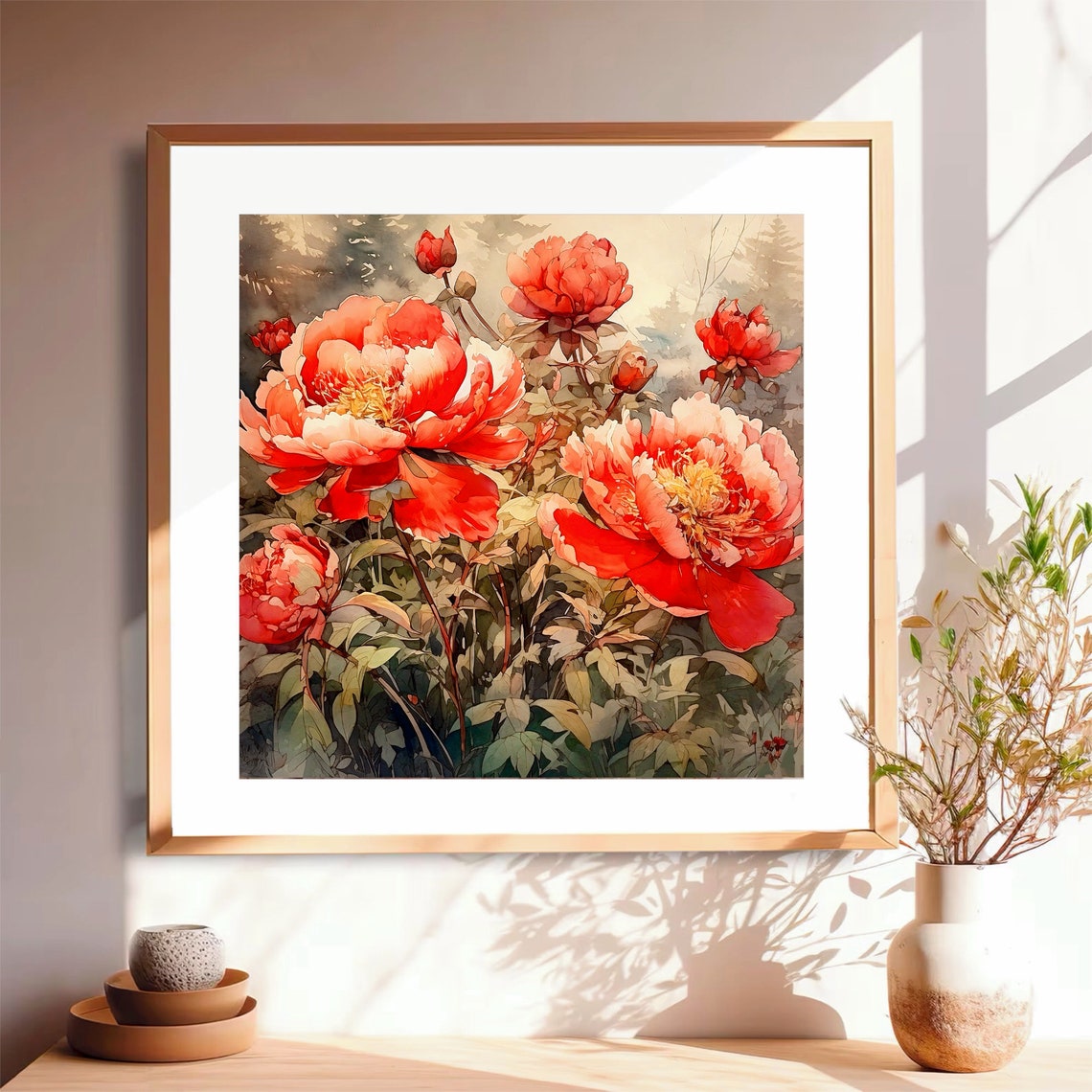 Coral Red Peonies Watercolor Lush Floral Blooms Botanical Art Print - Image 4