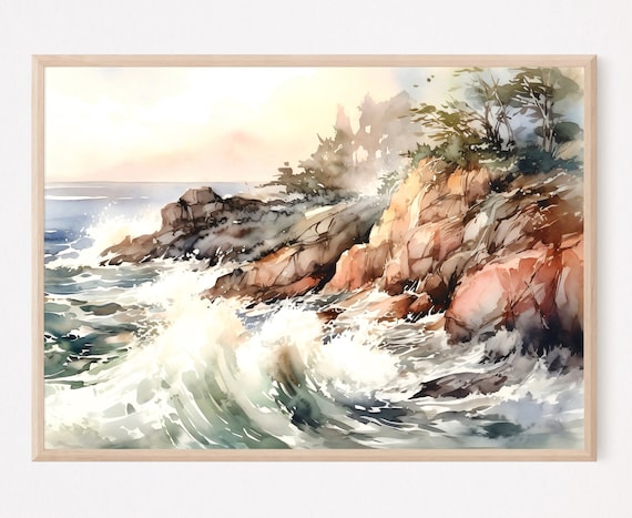 Ocean Waves Crashing Watercolor with Rocky Cliffs and Trees Poster