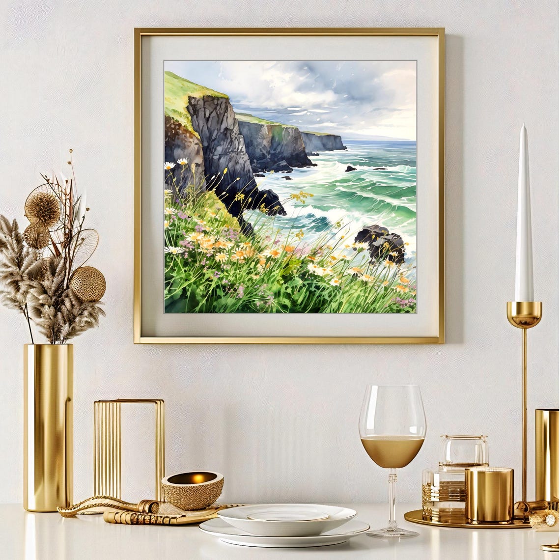 Sea Cliffs Wildflower Meadow Ocean Waves Watercolor Art Poster - Image 3