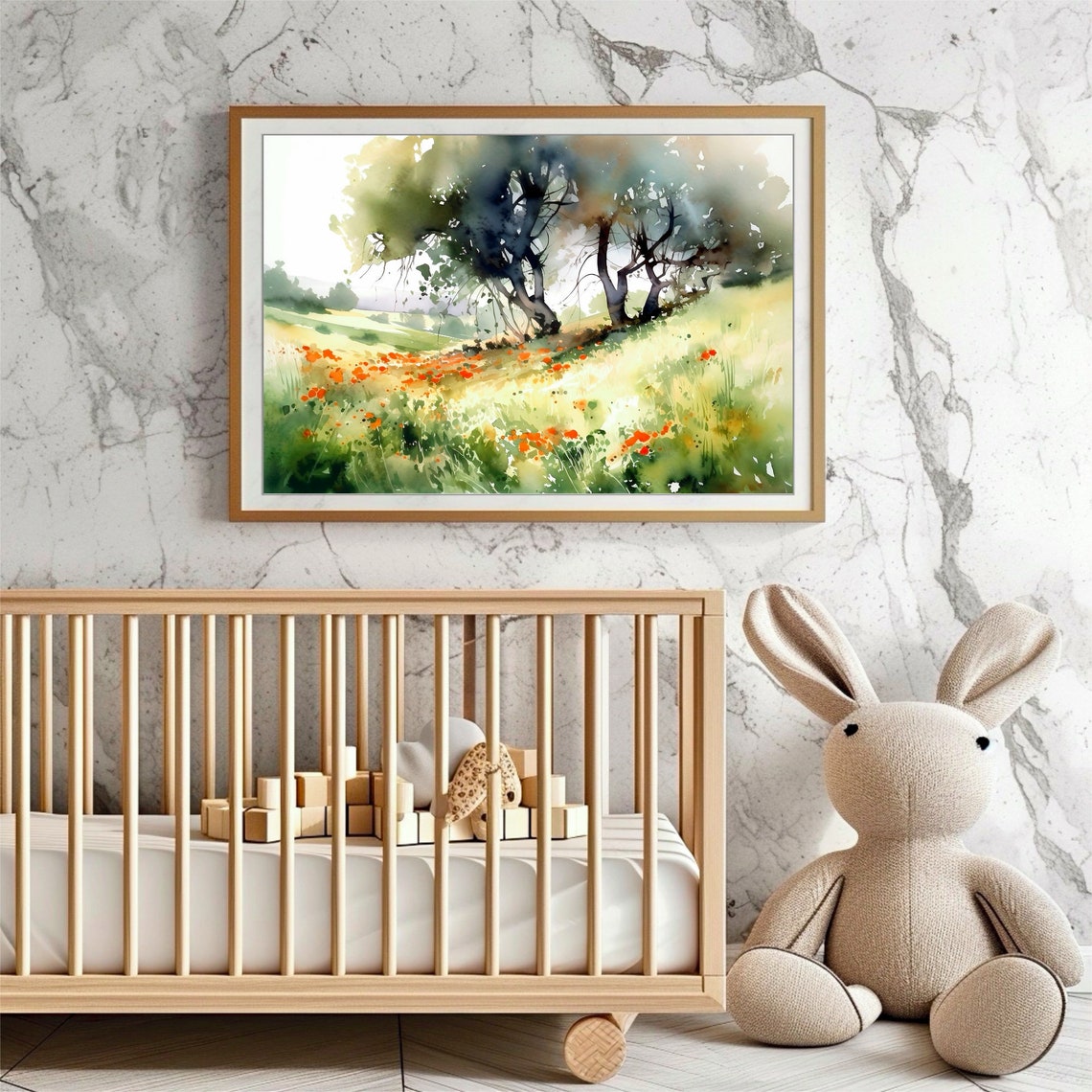 Sunlit Hillside Old Trees Orange Poppy Meadow Watercolor Poster - Image 2