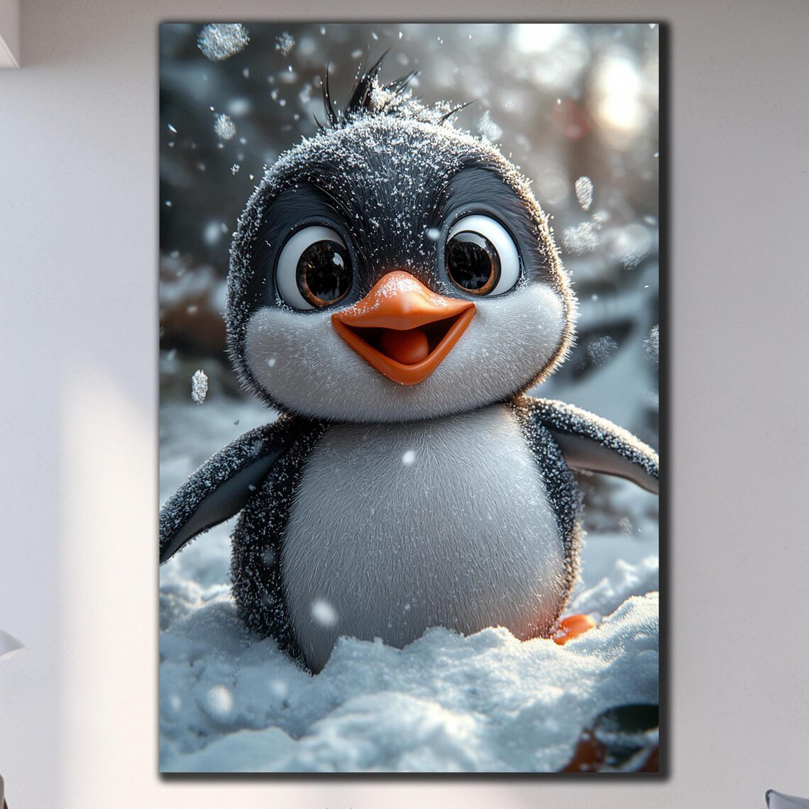 Cute Baby Penguin Snowfall Big Eyes Kids Room Animal Wall Art Poster