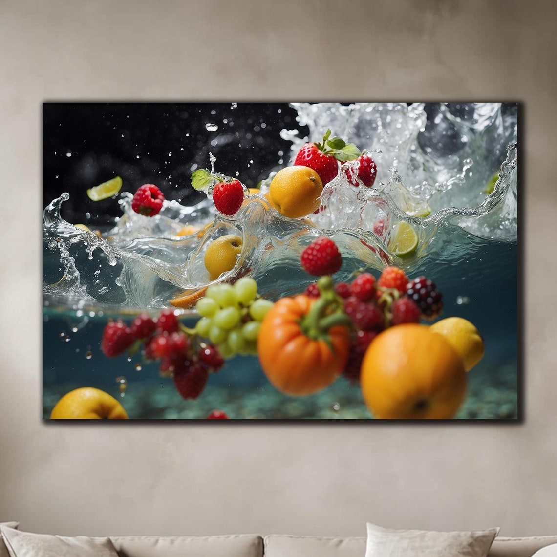Mixed Fruits Water Splash Strawberries Oranges Grapes Fresh Poster