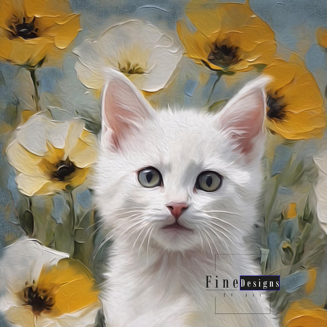 White Kitten Yellow Poppies Vertical Oil Painting Cat Floral Art Print - Image 2