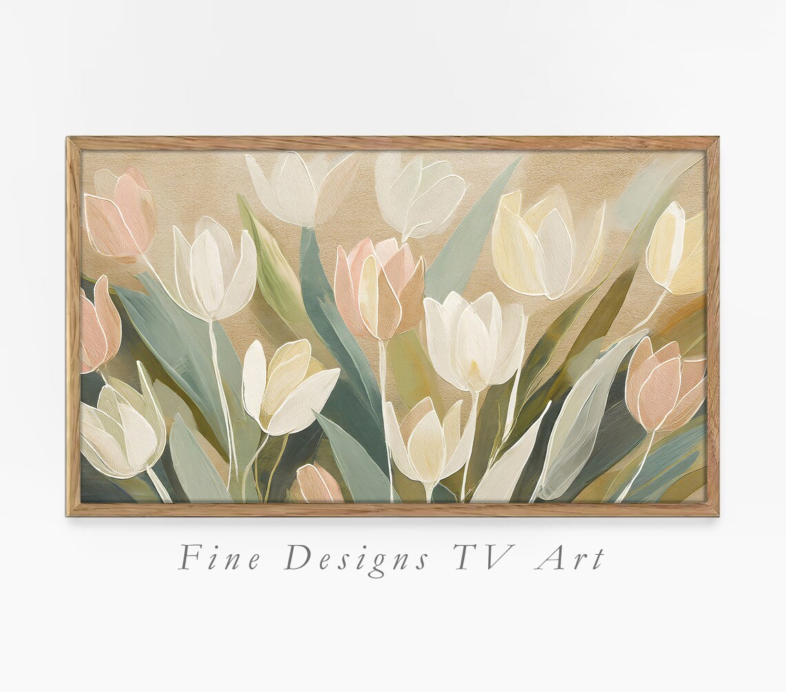 Blush Cream Tulips Sage Green Gold Background Elegant Floral Art Print
