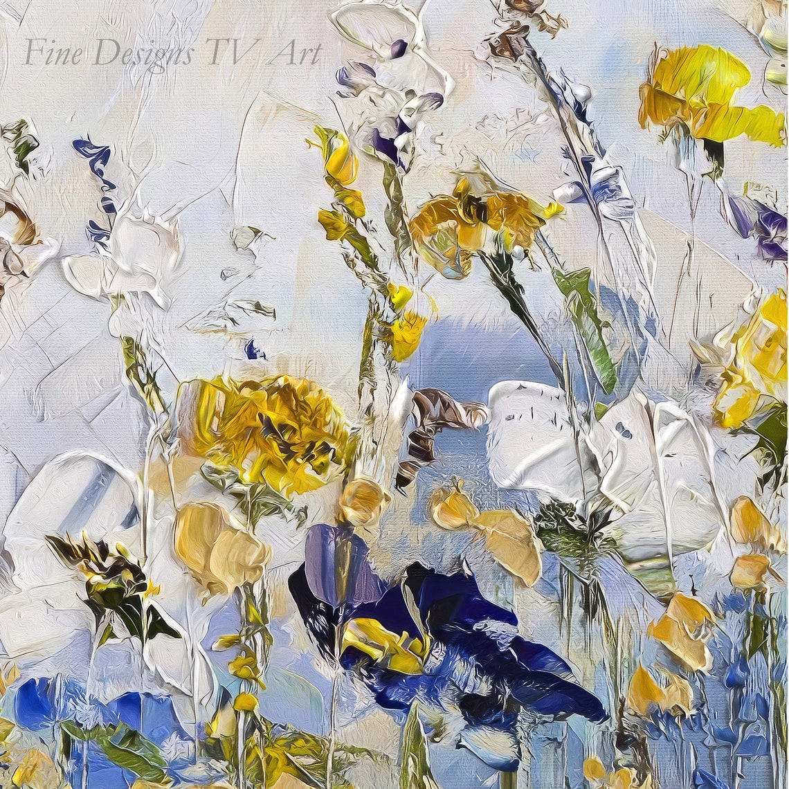 Vertical Yellow Blue Abstract Wildflowers Impasto Oil Painting Print - Image 2