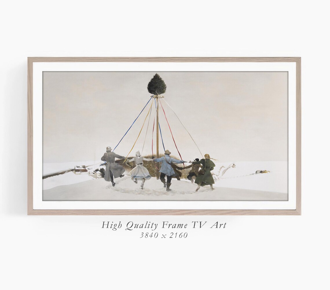 Snowy Maypole Dance Winter Festival Scene Vintage Folk Art Poster - Image 3