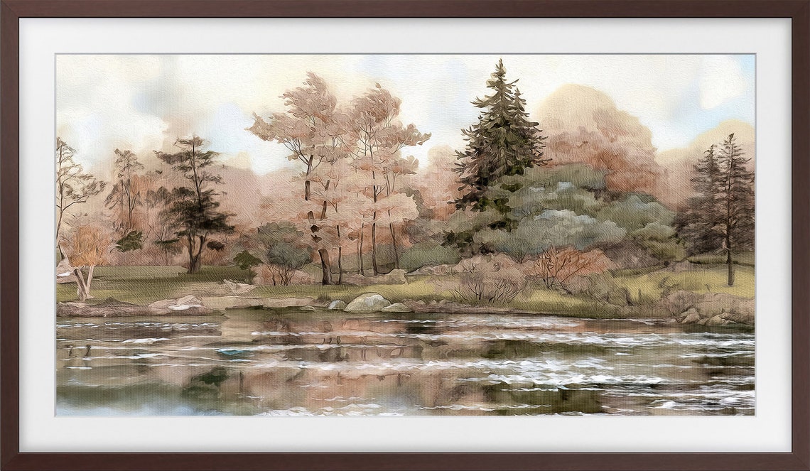 Vintage Pond Reflection Trees Calm Water Neutral Landscape Art Poster - Image 3