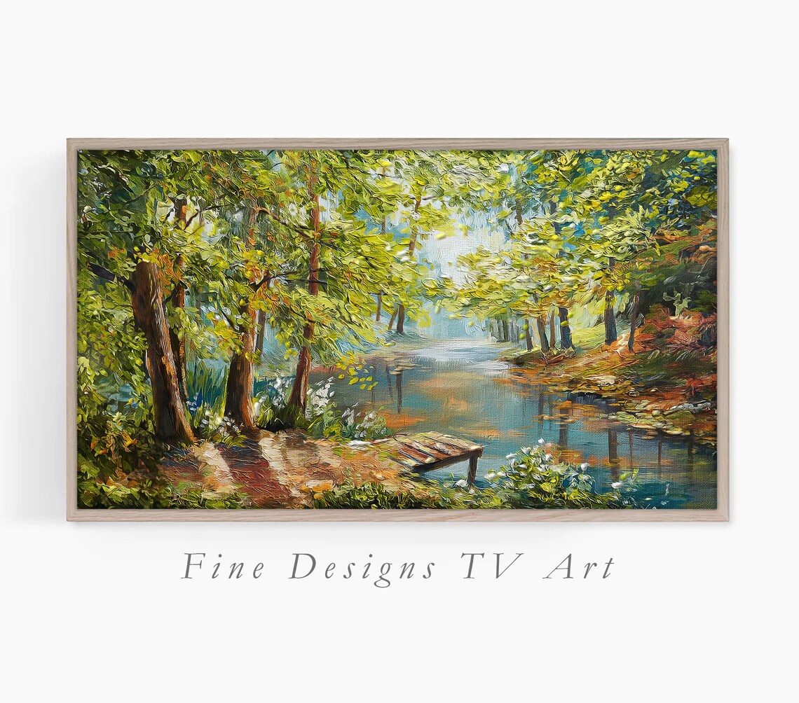 Lush Green Forest River Wooden Dock Sunlight Oil Painting Wall Art